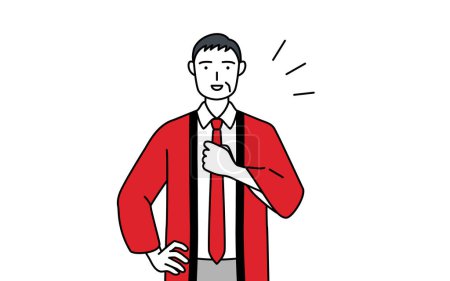 Ilustración de Hombre mayor con un abrigo rojo happi golpeando su pecho, Vector Illustration - Imagen libre de derechos