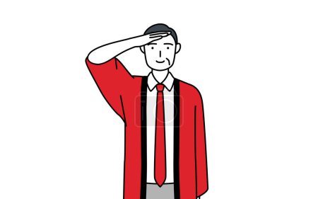 Téléchargez les illustrations : Homme âgé portant un manteau happi rouge faisant un salut, Illustration vectorielle - en licence libre de droit