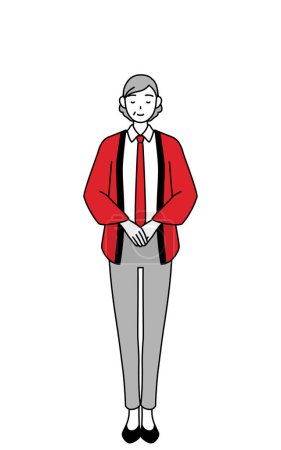 Téléchargez les illustrations : Femme âgée portant un manteau happi rouge s'inclinant avec les mains pliées, Illustration vectorielle - en licence libre de droit