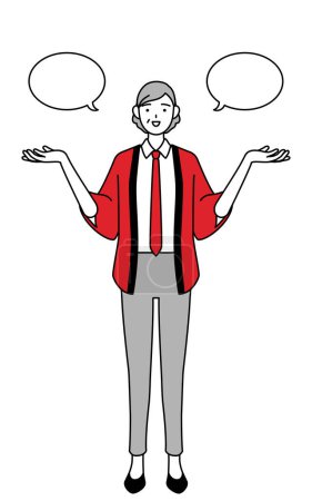 Téléchargez les illustrations : Femme âgée portant un manteau happi rouge avec wipeout et comparaison, Illustration vectorielle - en licence libre de droit