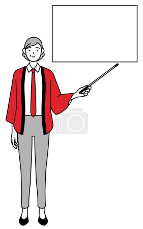 Téléchargez les illustrations : Femme âgée portant un manteau happi rouge pointant vers un tableau blanc avec un bâton indicateur, Illustration vectorielle - en licence libre de droit