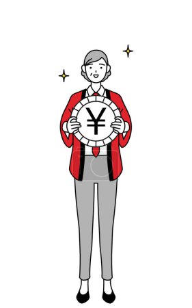 Téléchargez les illustrations : Femme âgée portant un manteau happi rouge une image des gains de change et de l'appréciation du yen, Illustration vectorielle - en licence libre de droit