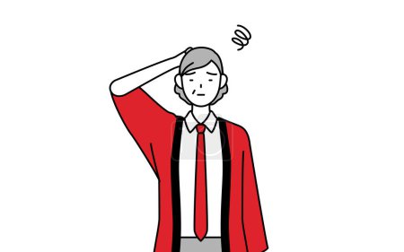 Téléchargez les illustrations : Femme âgée portant un manteau happi rouge se grattant la tête en détresse, Illustration vectorielle - en licence libre de droit