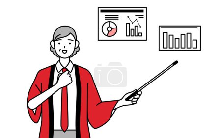 Téléchargez les illustrations : Femme âgée portant un manteau happi rouge analysant un graphique de performance, Illustration vectorielle - en licence libre de droit