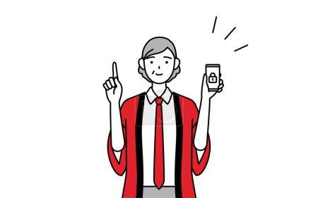 Illustration for Senior woman wearing a red happi coat taking security measures for her phone, Vector Illustration - Royalty Free Image