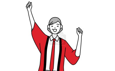 Téléchargez les illustrations : Femme âgée portant un manteau happi rouge souriant et sautant, Illustration vectorielle - en licence libre de droit