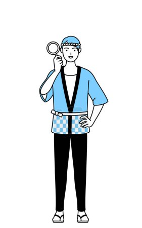 Illustration for Man wearing Happi coat for summer festivals looking through magnifying glasses, Vector Illustration - Royalty Free Image