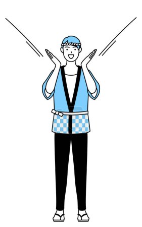 Illustration for Man wearing Happi coat for summer festivals calling out with his hand over his mouth, Vector Illustration - Royalty Free Image