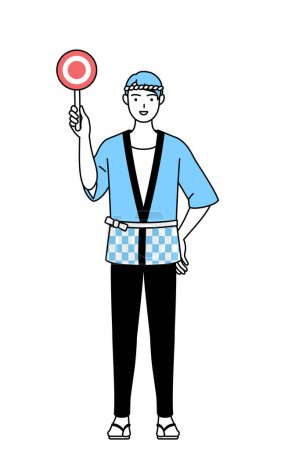 Illustration for Man wearing Happi coat for summer festivals holding a maru placard that shows the correct answer, Vector Illustration - Royalty Free Image