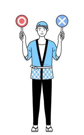 Illustration for Man wearing Happi coat for summer festivals holding a placard indicating correct and incorrect answers, Vector Illustration - Royalty Free Image