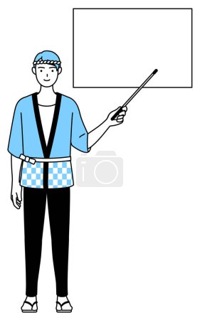 Illustration for Man wearing Happi coat for summer festivals pointing at a whiteboard with an indicator stick, Vector Illustration - Royalty Free Image