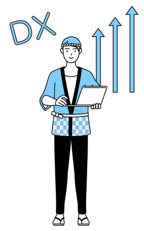 Illustration for Image of DX, Man wearing Happi coat for summer festivals who has successfully improved his business, Vector Illustration - Royalty Free Image