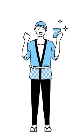 Illustration for Man wearing Happi coat for summer festivals who is pleased to see a bankbook, Vector Illustration - Royalty Free Image