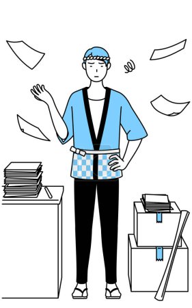 Illustration for Man wearing Happi coat for summer festivals who is fed up with his unorganized business, Vector Illustration - Royalty Free Image