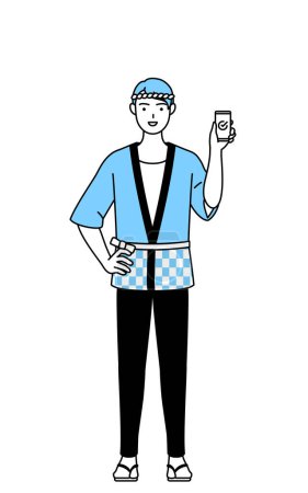 Illustration for Man wearing Happi coat for summer festivals using a smartphone at work, Vector Illustration - Royalty Free Image