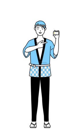 Illustration for Man wearing Happi coat for summer festivals recommending credit card payment, Vector Illustration - Royalty Free Image