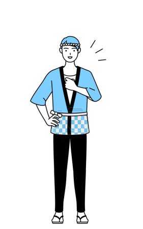 Ilustración de Hombre vistiendo abrigo Happi para festivales de verano tocando su pecho, Vector Illustration - Imagen libre de derechos