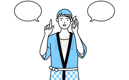 Illustration for Man wearing Happi coat for summer festivals pointing while on the phone, Vector Illustration - Royalty Free Image