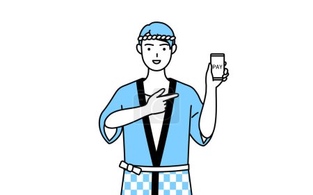 Illustration for Man wearing Happi coat for summer festivals recommending cashless online payments on a smartphone, Vector Illustration - Royalty Free Image