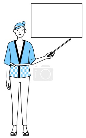 Illustration for Woman wearing Happi coat for summer festivals pointing at a whiteboard with an indicator stick, Vector Illustration - Royalty Free Image