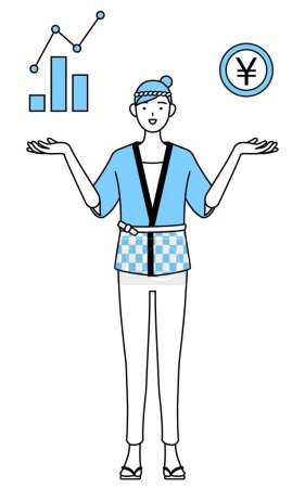 Illustration for Woman wearing Happi coat for summer festivals guiding an image of DX, performance and sales improvement, Vector Illustration - Royalty Free Image
