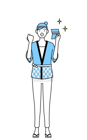 Illustration for Woman wearing Happi coat for summer festivals who is pleased to see a bankbook, Vector Illustration - Royalty Free Image