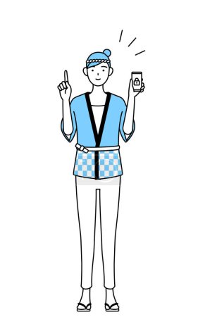 Ilustración de Mujer vistiendo abrigo Happi para festivales de verano tomando medidas de seguridad para su teléfono, Vector Illustration - Imagen libre de derechos