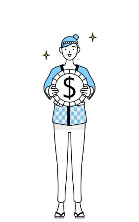 Illustration for Woman wearing Happi coat for summer festivals with images of foreign exchange gains and dollar appreciation, Vector Illustration - Royalty Free Image