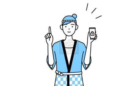 Ilustración de Mujer vistiendo abrigo Happi para festivales de verano tomando medidas de seguridad para su teléfono, Vector Illustration - Imagen libre de derechos