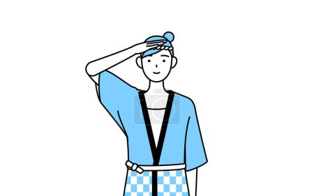 Illustration for Woman wearing Happi coat for summer festivals making a salute, Vector Illustration - Royalty Free Image