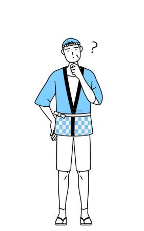 Illustration for Senior man wearing Happi coat for summer festivals nodding his head in question, Vector Illustration - Royalty Free Image