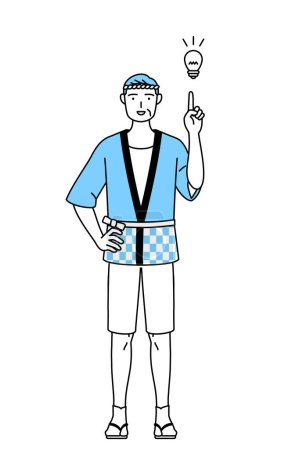 Illustration for Senior man wearing Happi coat for summer festivals coming up with an idea, Vector Illustration - Royalty Free Image