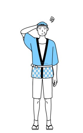 Illustration for Senior man wearing Happi coat for summer festivals scratching his head in distress, Vector Illustration - Royalty Free Image