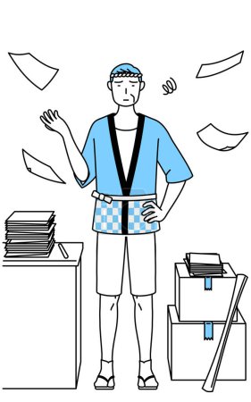 Illustration for Senior man wearing Happi coat for summer festivals who is fed up with his unorganized business, Vector Illustration - Royalty Free Image