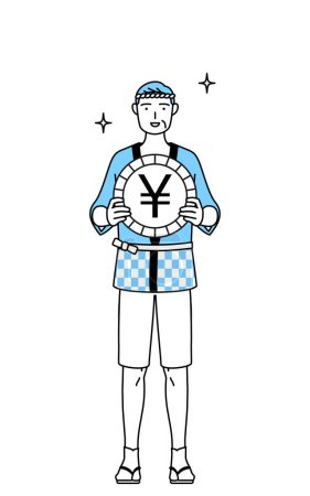 Illustration for Senior man wearing Happi coat for summer festivals an image of foreign exchange gains and yen appreciation, Vector Illustration - Royalty Free Image