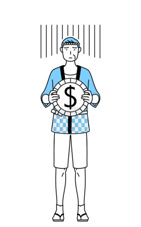 Illustration for Senior man wearing Happi coat for summer festivals an image of exchange loss or dollar depreciation, Vector Illustration - Royalty Free Image