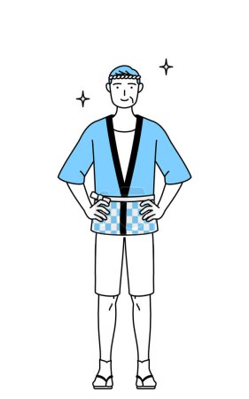 Illustration for Senior man wearing Happi coat for summer festivals with his hands on his hips, Vector Illustration - Royalty Free Image