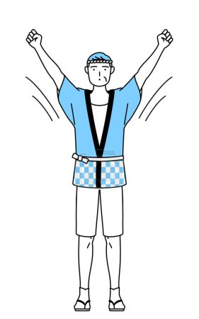 Illustration for Senior man wearing Happi coat for summer festivals doing radio calisthenics, preparation for accident prevention, Vector Illustration - Royalty Free Image