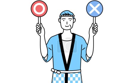 Illustration for Senior man wearing Happi coat for summer festivals holding a placard indicating correct and incorrect answers, Vector Illustration - Royalty Free Image