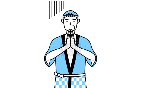 Illustration for Senior man wearing Happi coat for summer festivals apologizing with his hands in front of his body, Vector Illustration - Royalty Free Image