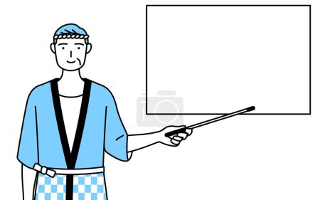 Illustration for Senior man wearing Happi coat for summer festivals pointing at a whiteboard with an indicator stick, Vector Illustration - Royalty Free Image