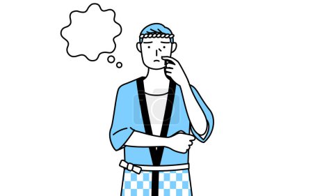 Illustration for Senior man wearing Happi coat for summer festivals thinking while scratching his face, Vector Illustration - Royalty Free Image