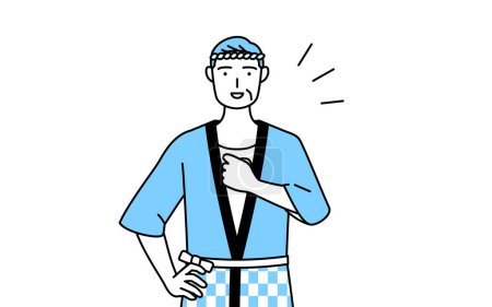 Ilustración de Hombre mayor con abrigo Happi para festivales de verano tocando su pecho, Vector Illustration - Imagen libre de derechos