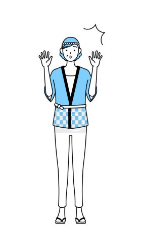 Illustration for Senior woman wearing Happi coat for summer festivals raising her hand in surprise, Vector Illustration - Royalty Free Image
