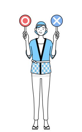 Illustration for Senior woman wearing Happi coat for summer festivals holding a placard indicating correct and incorrect answers, Vector Illustration - Royalty Free Image