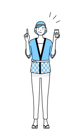 Ilustración de Mujer mayor usando abrigo Happi para festivales de verano tomando medidas de seguridad para su teléfono, Vector Illustration - Imagen libre de derechos