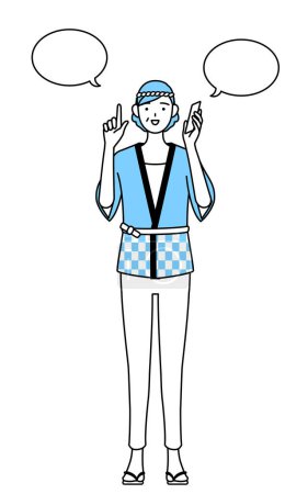 Illustration for Senior woman wearing Happi coat for summer festivals pointing while on the phone, Vector Illustration - Royalty Free Image