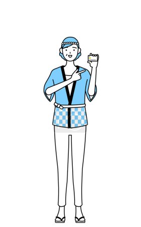 Illustration for Senior woman wearing Happi coat for summer festivals recommending credit card payment, Vector Illustration - Royalty Free Image