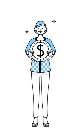 Illustration for Senior woman wearing Happi coat for summer festivals with images of foreign exchange gains and dollar appreciation, Vector Illustration - Royalty Free Image