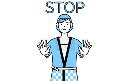 Illustration for Senior woman wearing Happi coat for summer festivals with her hands out in front of her body, signaling a stop, Vector Illustration - Royalty Free Image